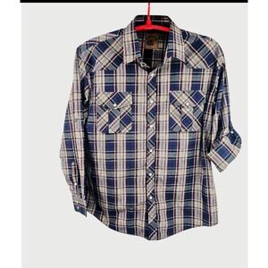 Coevals Club Pearl Snap Shirt‎ Size XL Long Roll Tab Sleeves Red Blue Plaid